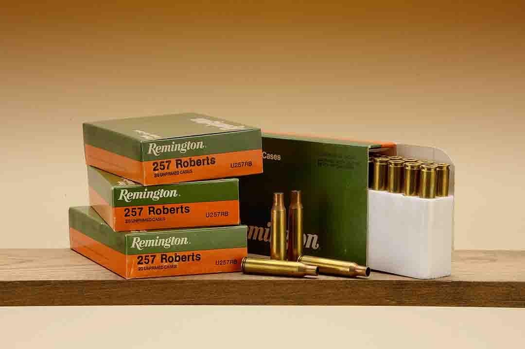 While .257 Roberts brass may be in short supply in gun shops, Stan found these four packages at a local gun show. Fresh out of the box makes for a good way to start using the Roberts. In a pinch, the 7x57 Mauser brass can be necked down to .25 caliber and works fine.